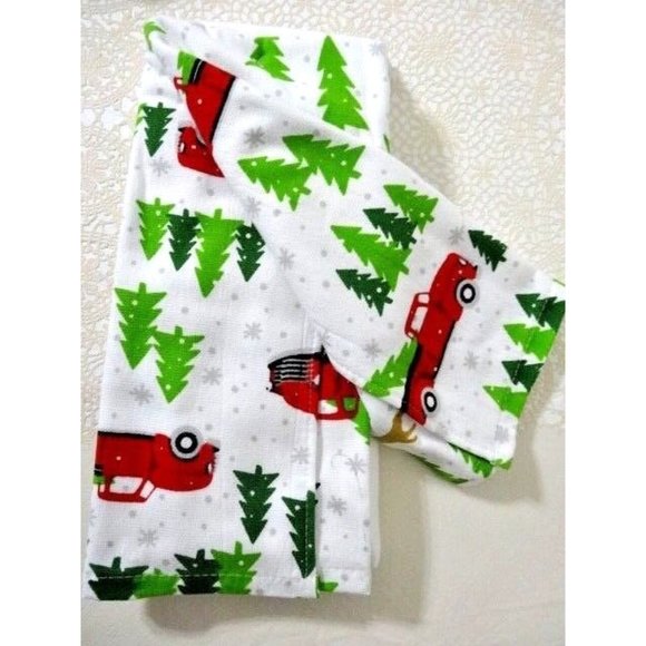 Peppermint Square Home for the Holiday 2 Kitchen Towels Red Truck Dog Trees NWT - Picture 3 of 3